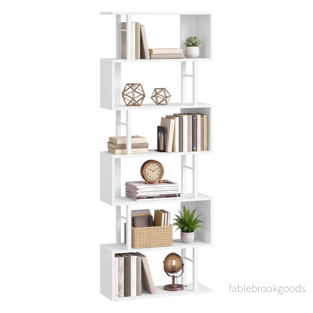 Boekenkast - S-vormige Roomdivider met 7 Ebenen - Wit en matzwart - 60 x 24 x 190,5 cm