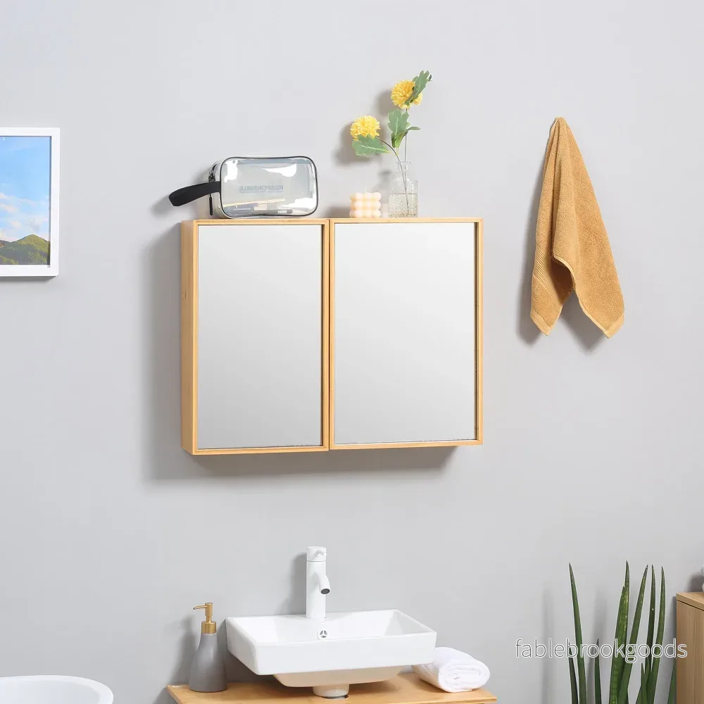 Badrumsskåp med spegeldörrar, bambu, flera hyllplan, 65,2 x 14 x 50 cm - Bild 2