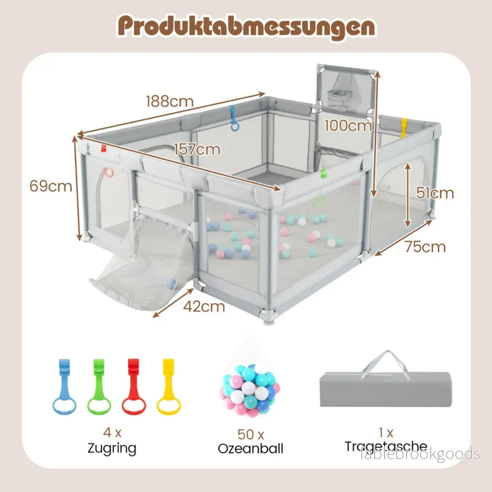 Babygaller – med basketkorg Fotbollsmål Fällbart för småbarn dragkedjedörr – 188 x 157 cm – Ljusgrå - Bild 2