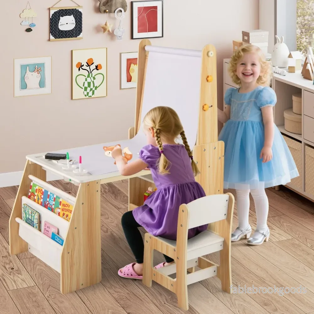 Barnkonstbord – och stol set multifunktionellt barnbord med staffli whiteboard griffeltavla – Natur - Bild 3