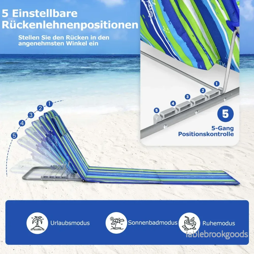 Strandmatta – med Sidobord Justerbar Solstolsset + – 2 x 151 x 55,5 x 27-47 – Blå och grön - Bild 2