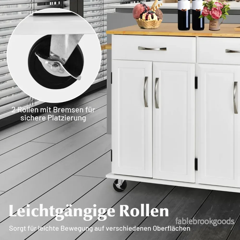 Rolling – Kitchen Island Cart med gummiträ bänkskiva dörrars serveringsvagn – 4 122 x 48 x 92,5 cm – Vit - Bild 2