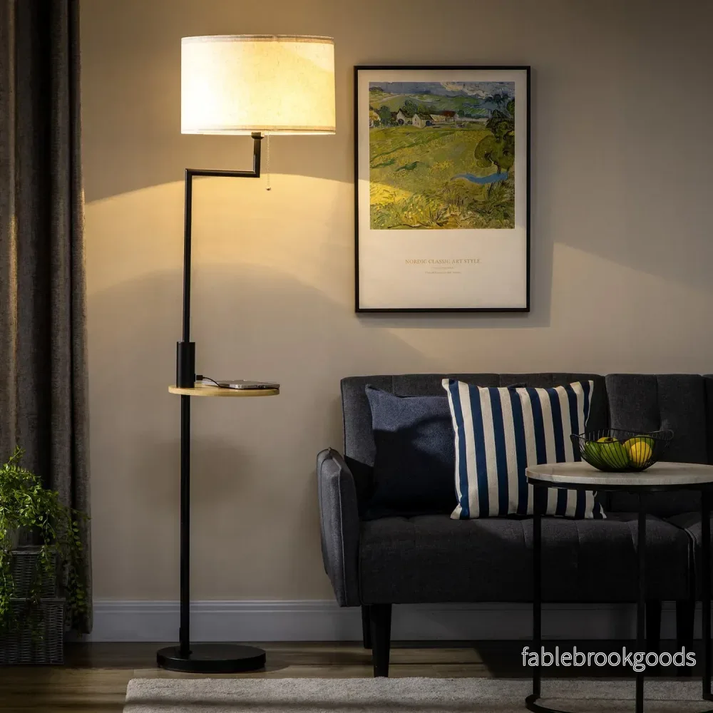 Golvlampa med hylla & USB-port, stål, kräm, 40W - Bild 2