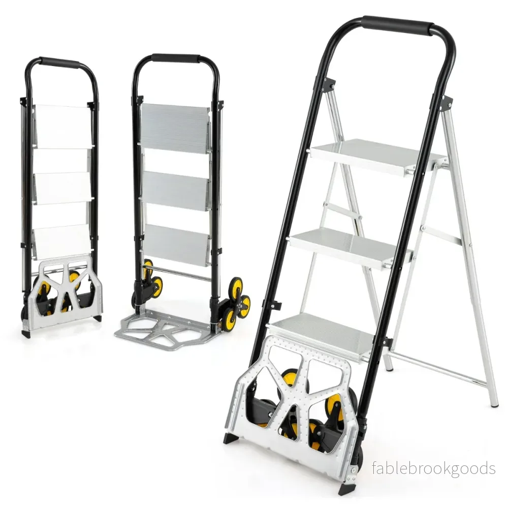 i – Ihopfällbar Kärra och Stege Aluminium stegs med Anti Slip Pedaler Tunglast Bärbar – 2 1 3 – Silver