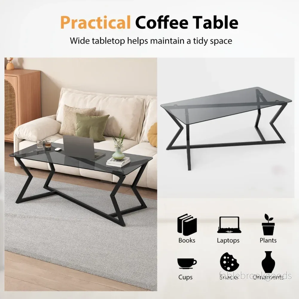Rektangulär – soffbord med härdat glasplatta och geometriskt metallställ, modern glasbord – Svart - Bild 3