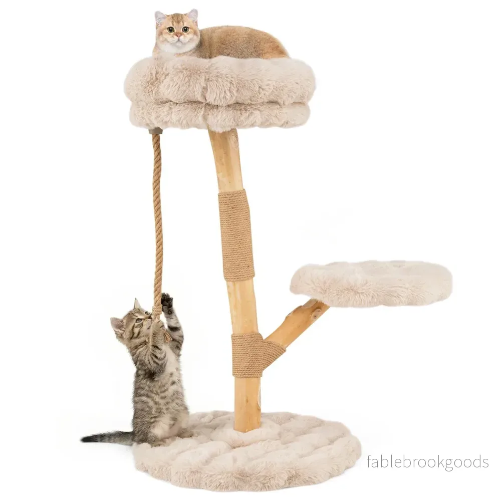 Massivt – trä kattpinn med plyschsittytor, rep och repstolpe, kattträd, katttorn – 3 90 cm – Beige