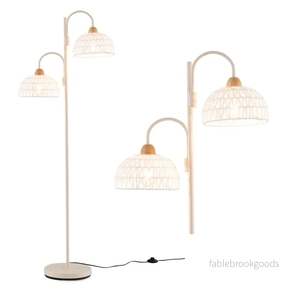 Golvlampa – med lampor och fotkontakt 350° roterande trädlampa vävda lampskärmar – 2 – Vit