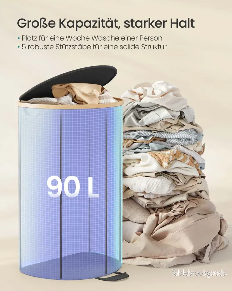 Tvättkorg med lock och avtagbar påse – Oxfordduk – bläck svart-naturbeige - Bild 3