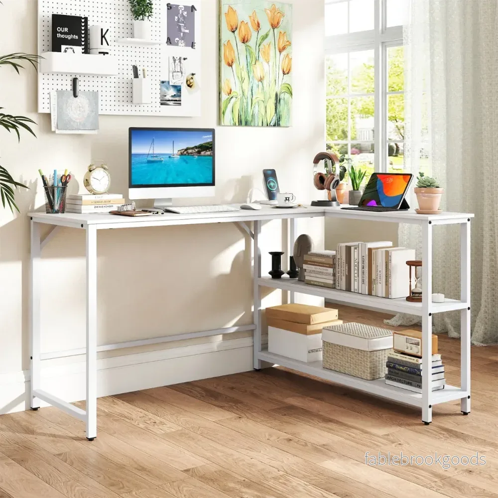 L – formad Skrivbord Databord med Laddningsstation och Förvaringsfack modern Gamingbord – Vit - Bild 3