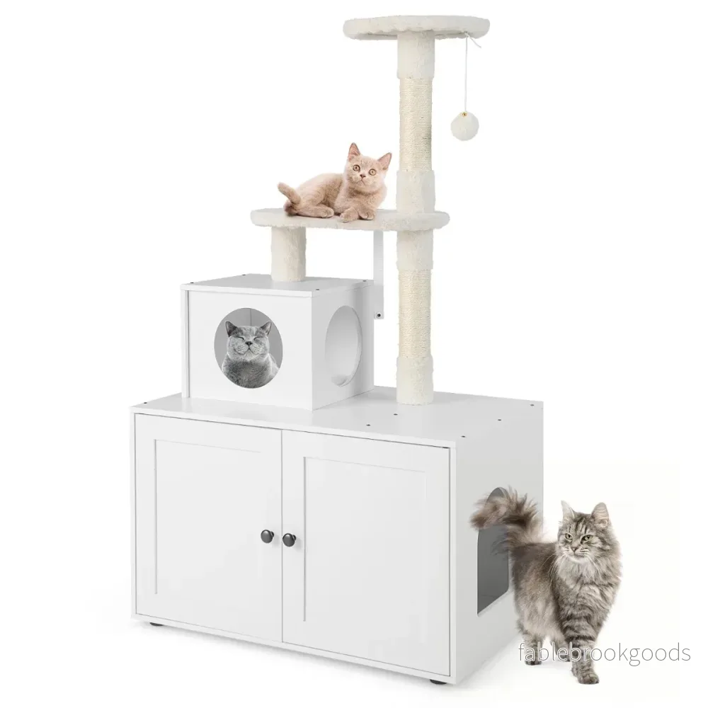 Kattskåp – med skrapstolpe och sisal skrapstolpshus för kattsandboxar Kattmöbler – Vit - Bild 2