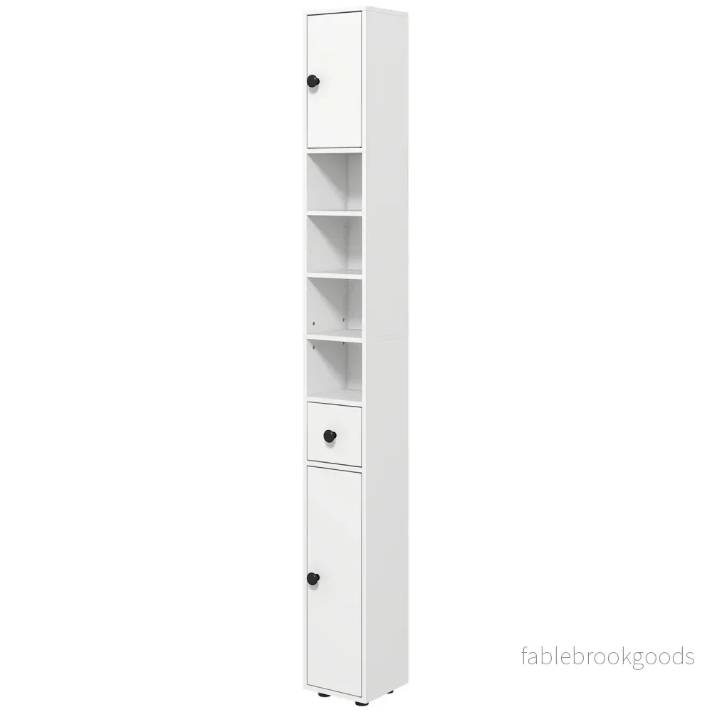Badrumsskåp, 4 hyllplan, låda, spånskiva, slimmad design, vit