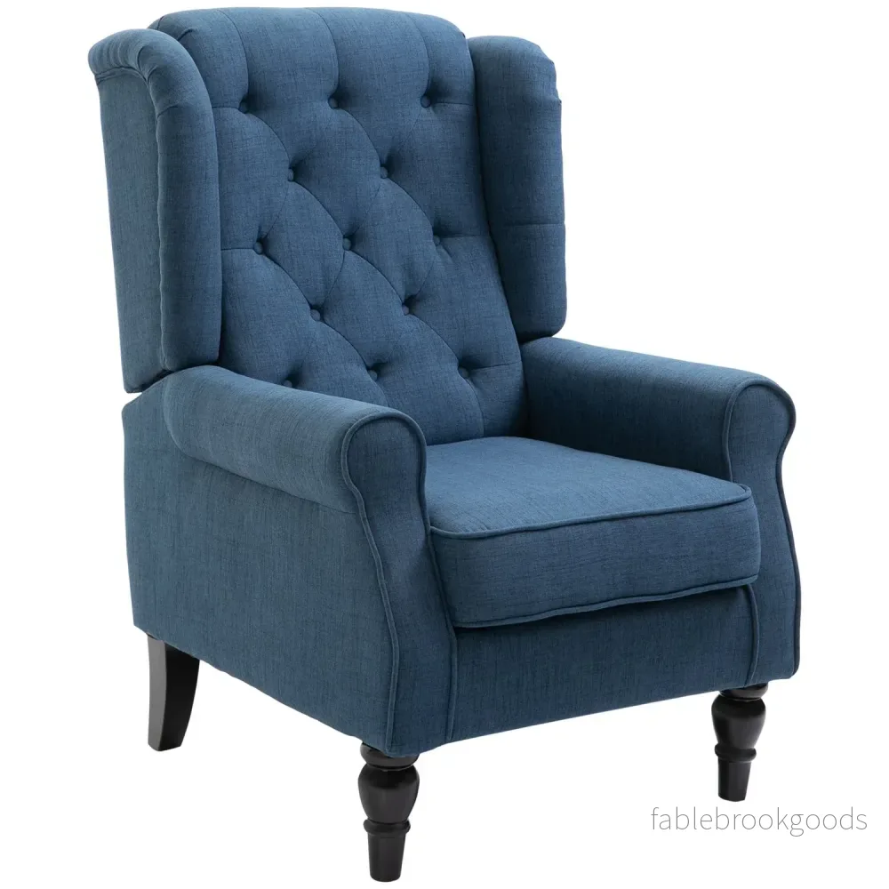 Blå tuftad Wingback-stol med armar, träben – 160 kg kapacitet Blå tuftad Wingback-stol med armar, träben – 160 kg kapacitet
