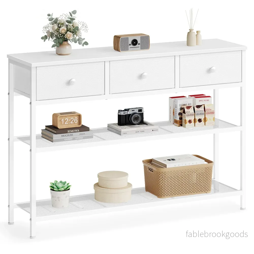Consoletafel – 99 cm Breed – 3 Stoffen Lades – Smal – Wolkenwit Consoletafel – 99 cm Breed – 3 Stoffen Lades – Smal – Wolkenwit