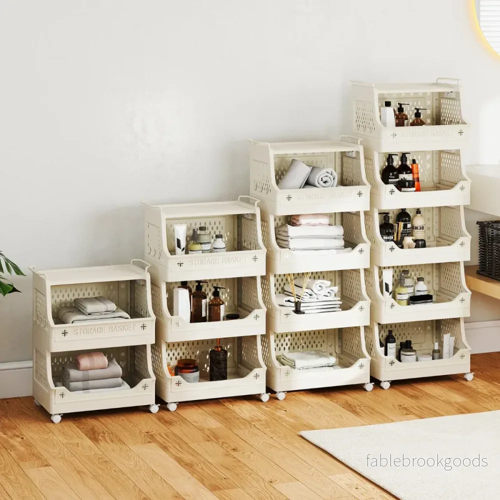 steg – Rullande Tvättkorg med Handtag och Krok Staplbar Plast Förvaringsvagn – 3 – Beige - Bild 3