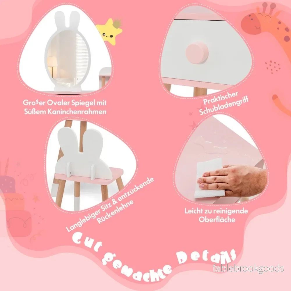 Sminkbordsset – för barn med kanindesign sminkset massiva träben – Vit - Bild 3