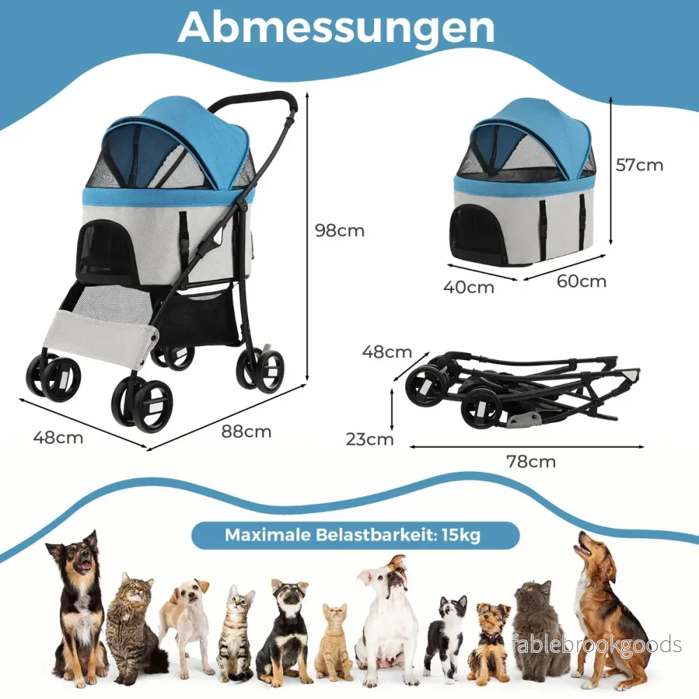 i – hundvagn Hopfällbar upp till husdjursvagn med nätfönster – 3 1 15 kg – Blå - Bild 2