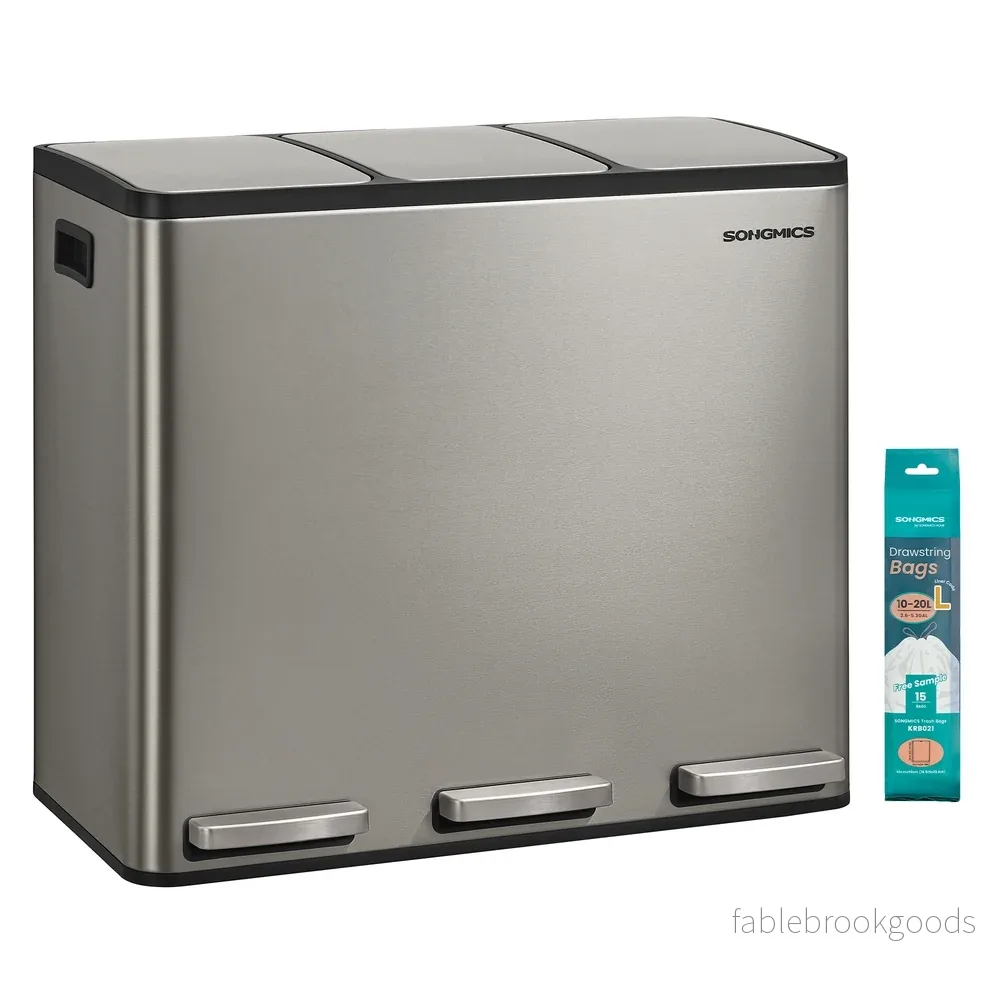 Afvalbak - 62 x 35,3 x 54 cm - 3 x 18 liter - Afvalscheidingssysteem met 3 compartimenten - Roestvrij staal - Zilver - Uitneembare binnenemmers - Soft-close deksel