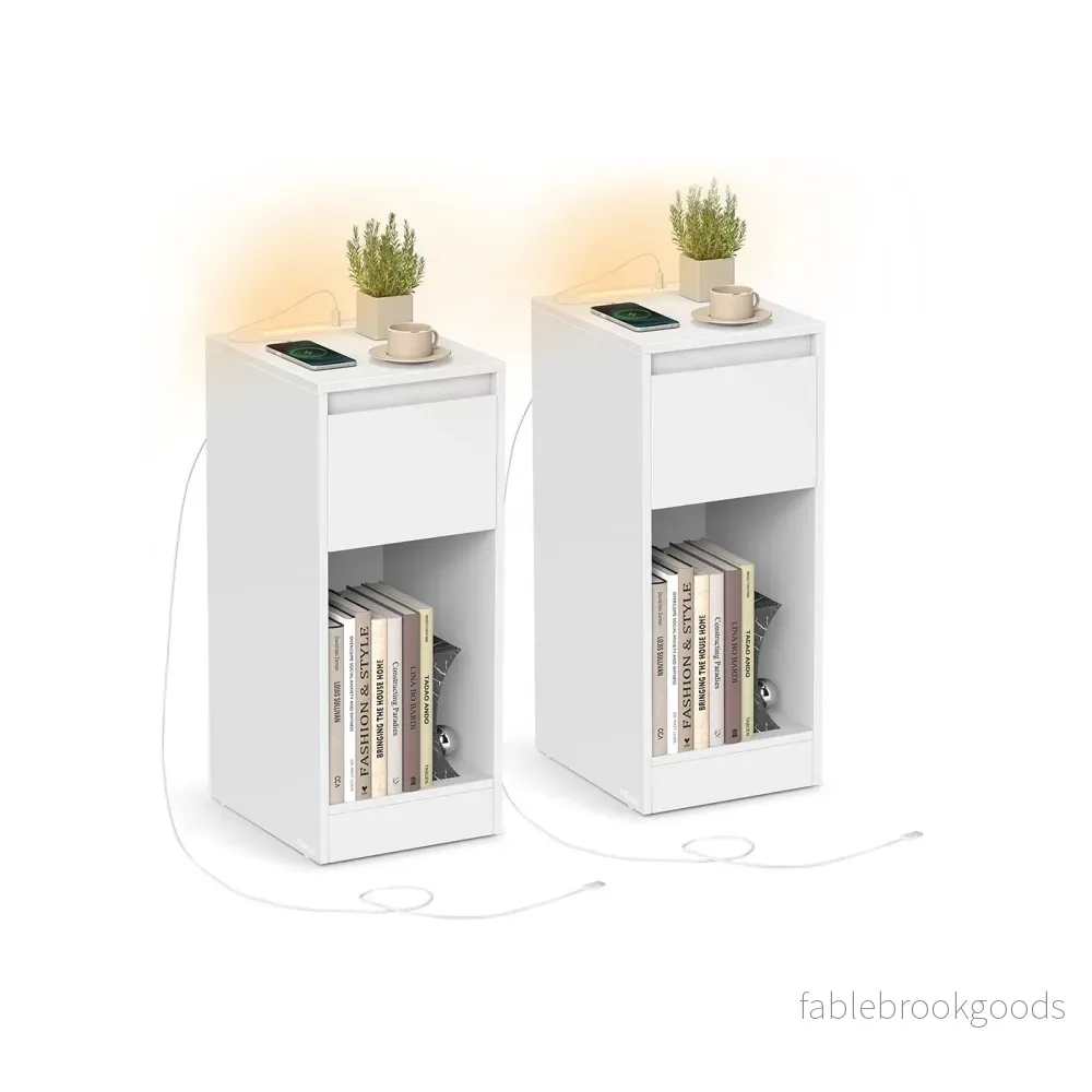 Sängbord med LED-belysning och USB-portar – Cloud White Sängbord med LED-belysning och USB-portar – Cloud White