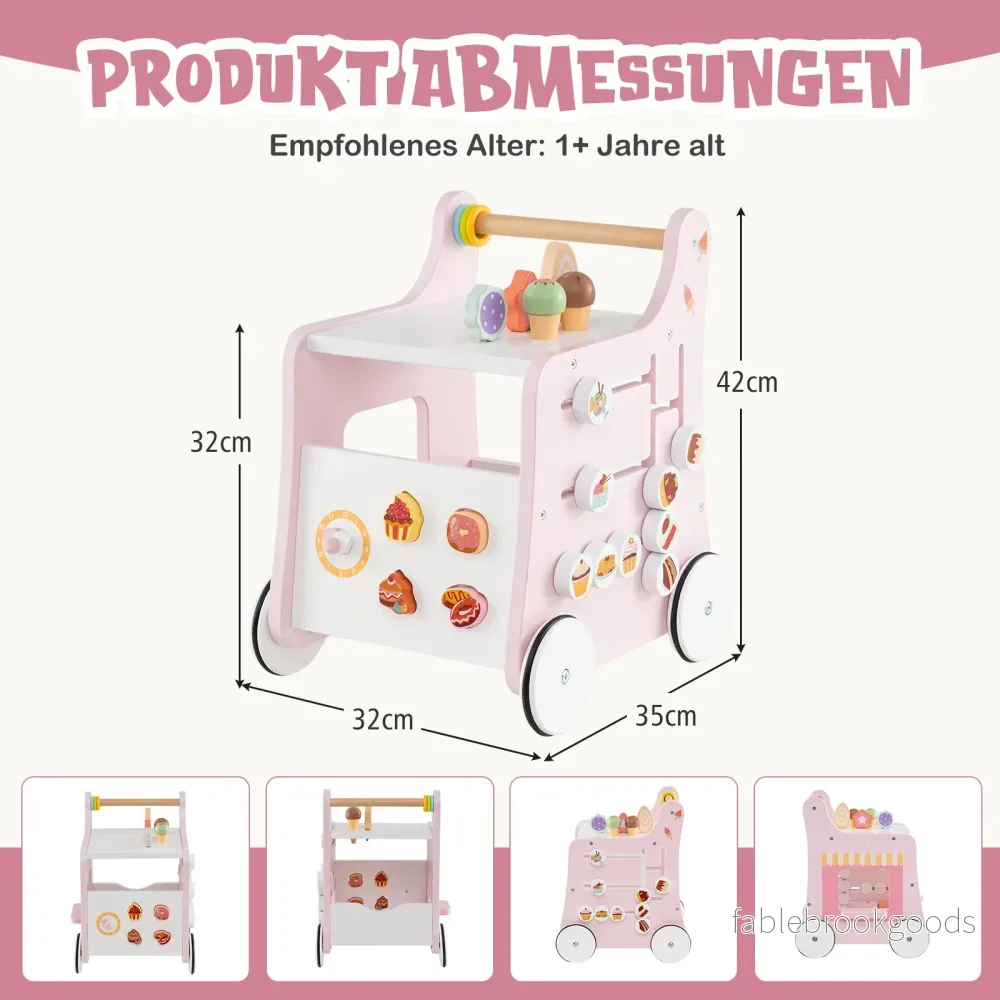 Träkvagn – i trä med förvaringsutrymme, gåhjälp på hjul, dessertbutik glass – Rosa - Bild 2