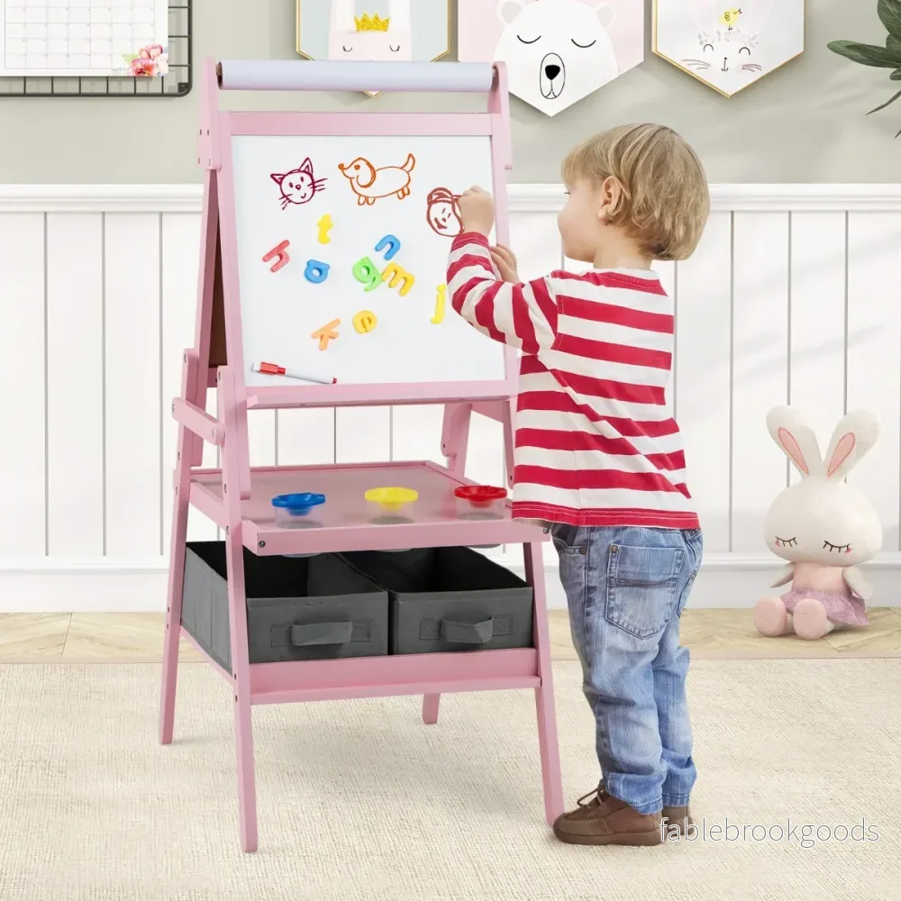i – Barn Tafel med Pappersrulle och magnetisk Kritta Whiteboard Dubbelsidig – 3 1 – Rosa - Bild 3