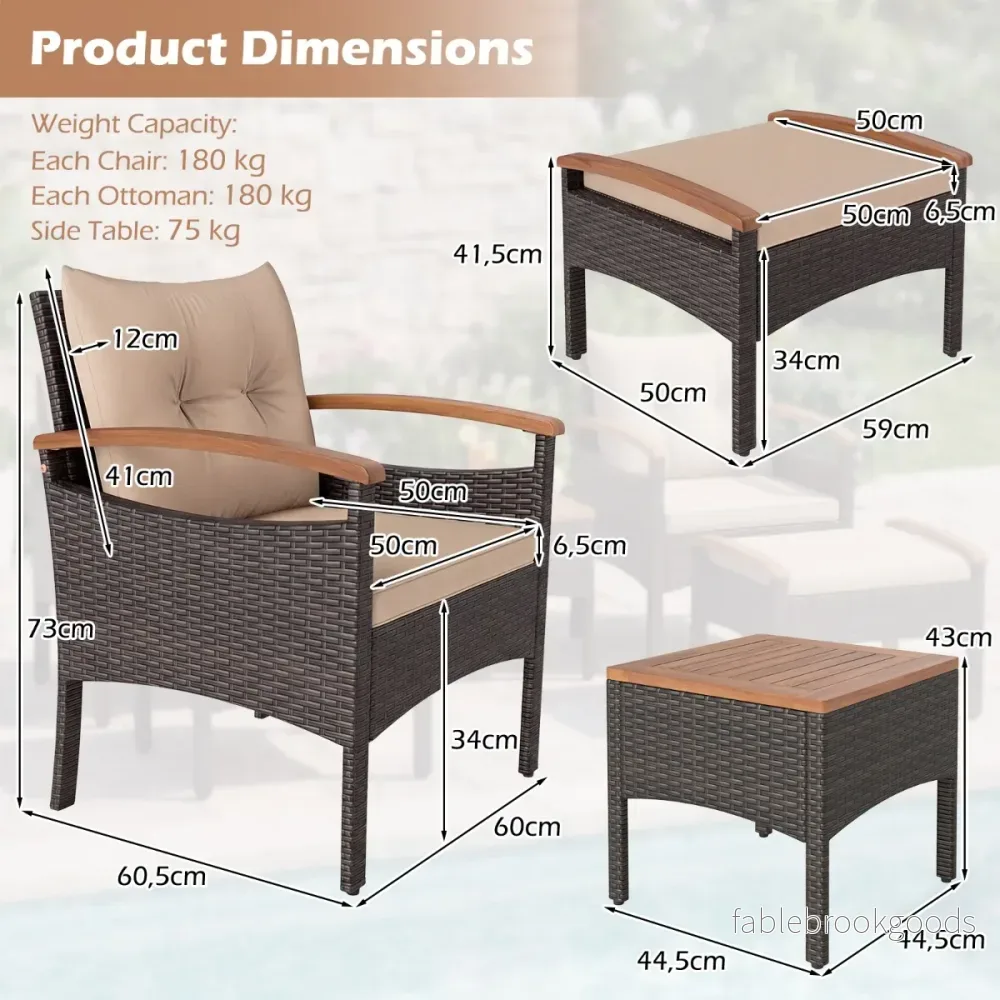 Rattan – trädgårdsmöbel inklusive stolar med pallar och bord kuddar, akacie trä, balkonset – 2 – Beige - Bild 2