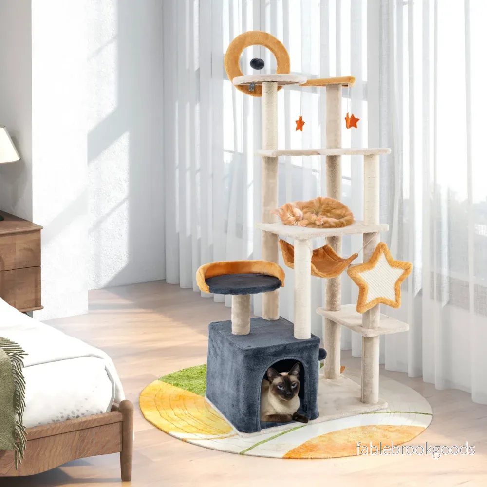 Klösträd – med sisal klösposter och bräda hus Flerstöckigt kattträd kattorn – 160 cm – Beige - Bild 3