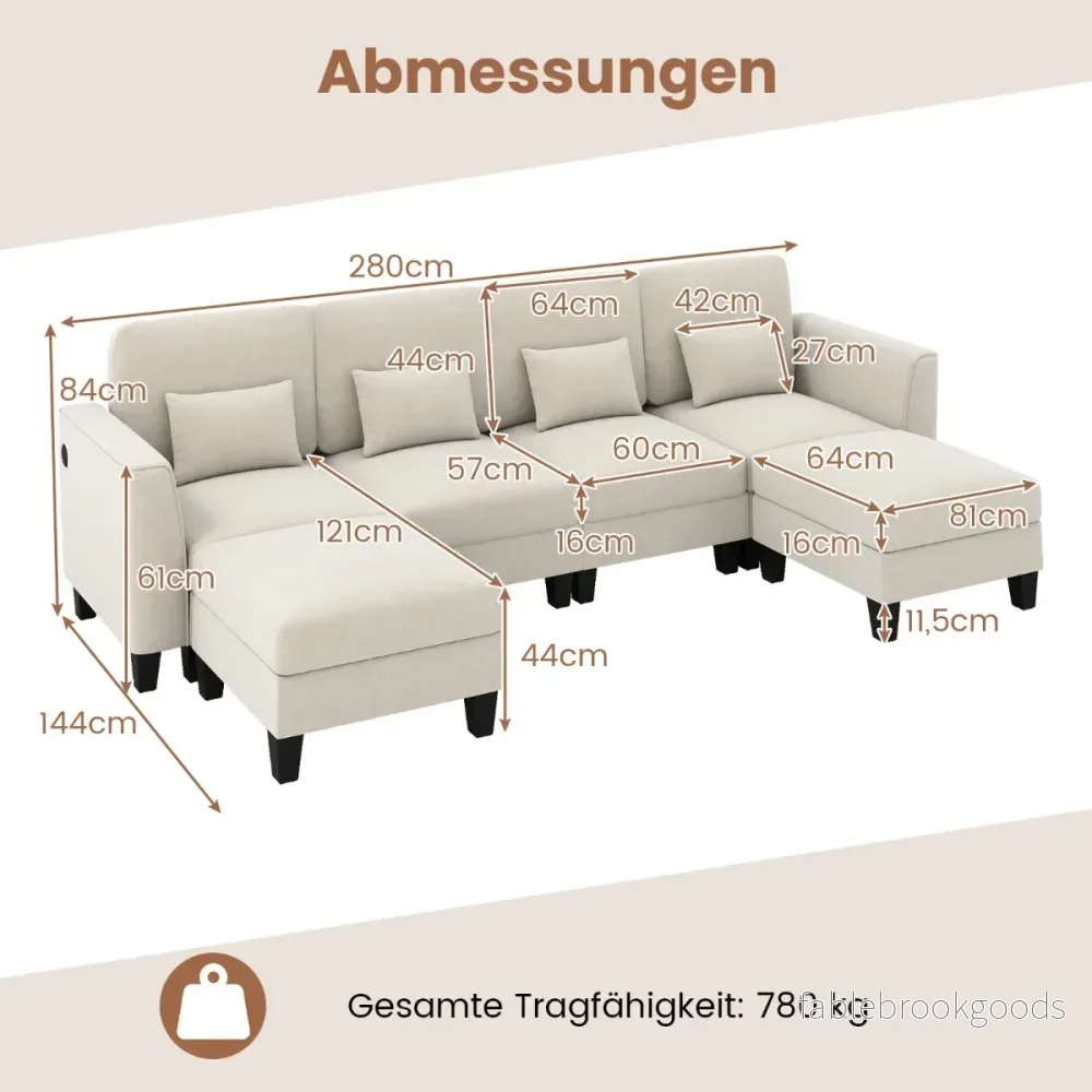Hörnsoffa – med ottomaner U formad modulär USB och Type C laddningsportar sits soffgrupp – 2 4 280 cm – Beige - Bild 2