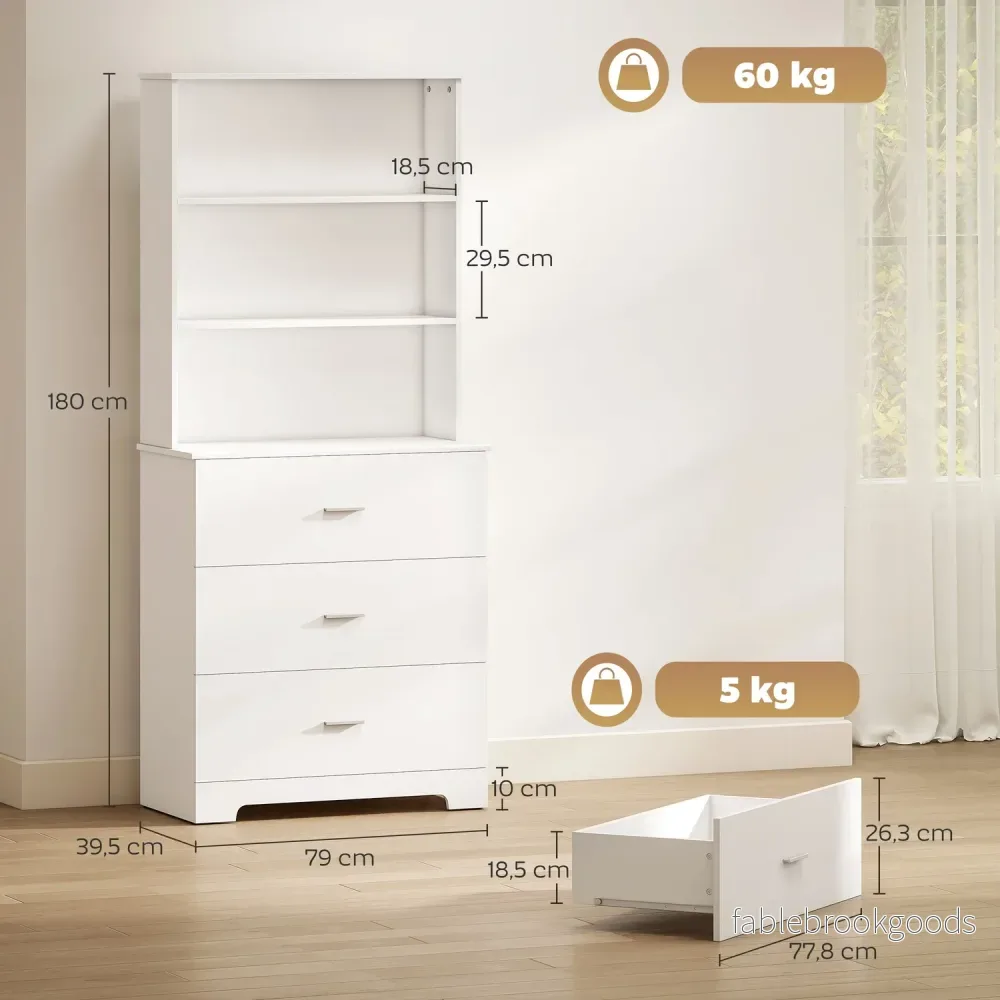 Bokhylla med 3 lådor, 3 hyllor, vit, 79x39,5x180 cm - Bild 3