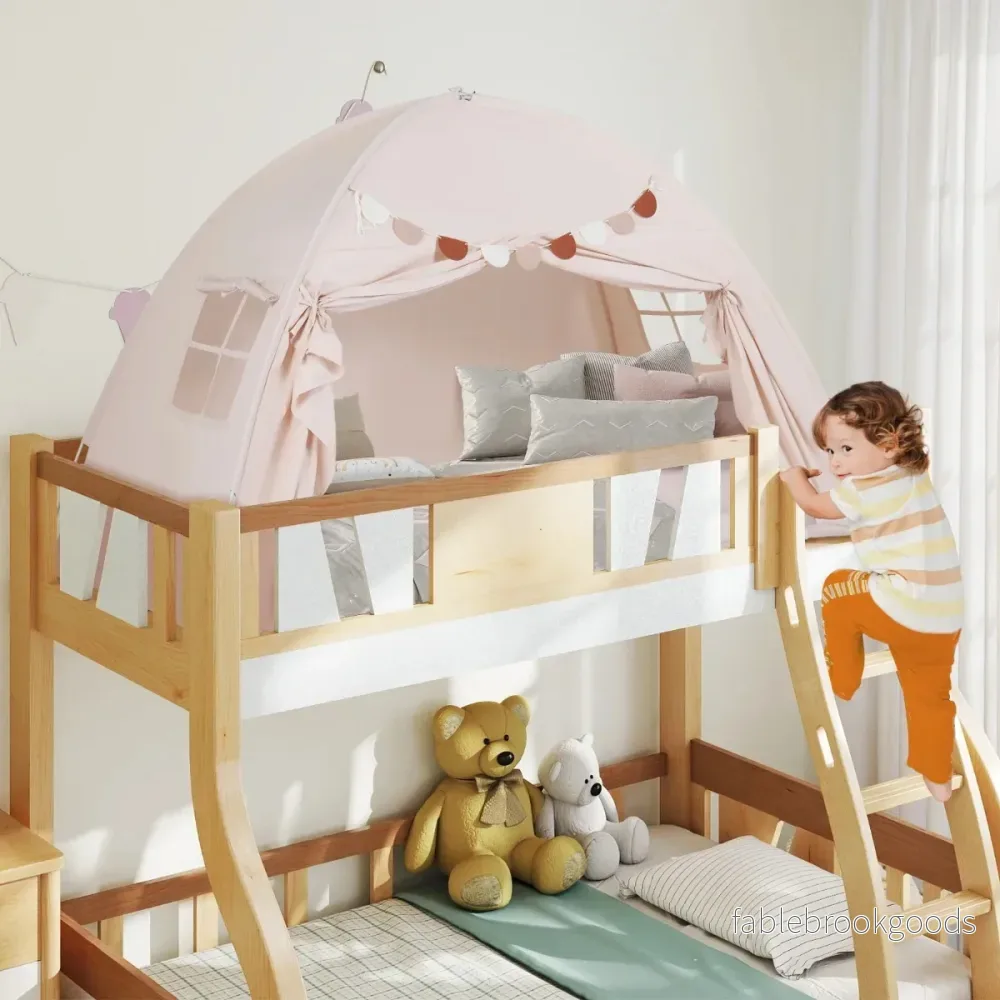 Tvåbädds – tält för barn, hopfällbart och bärbart våningssäng med fönster – 2 – Beige - Bild 2