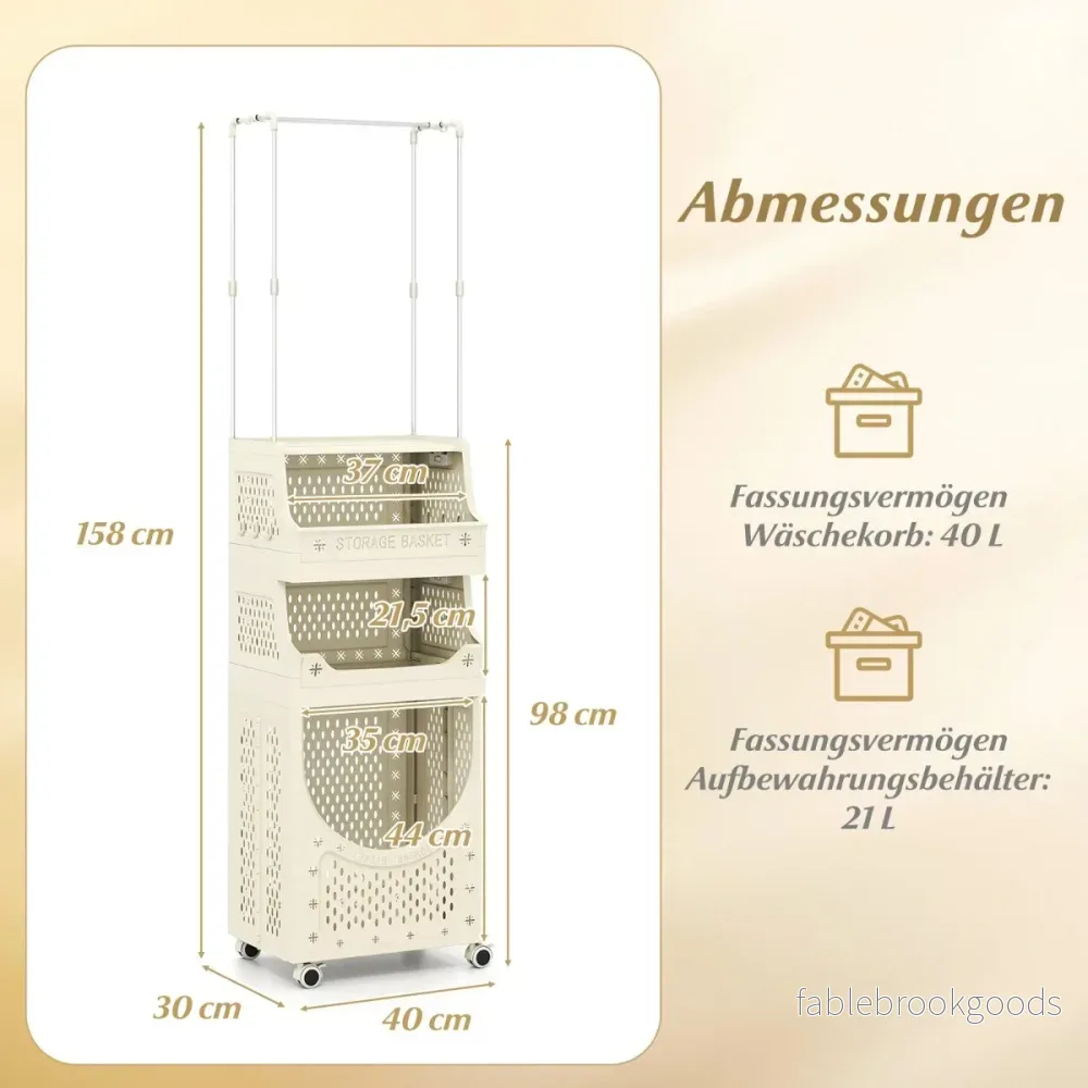 stegs – tvättvagn med klädstång, hopfällbar tvättkorg låsbara hjul – 4 – Beige - Bild 3
