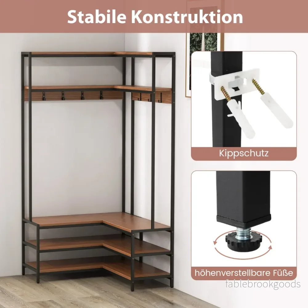 Hörnklädhängare – med bänk L formad öppna hyllor – 90 x 90 x 178 cm – Valnöt - Bild 3