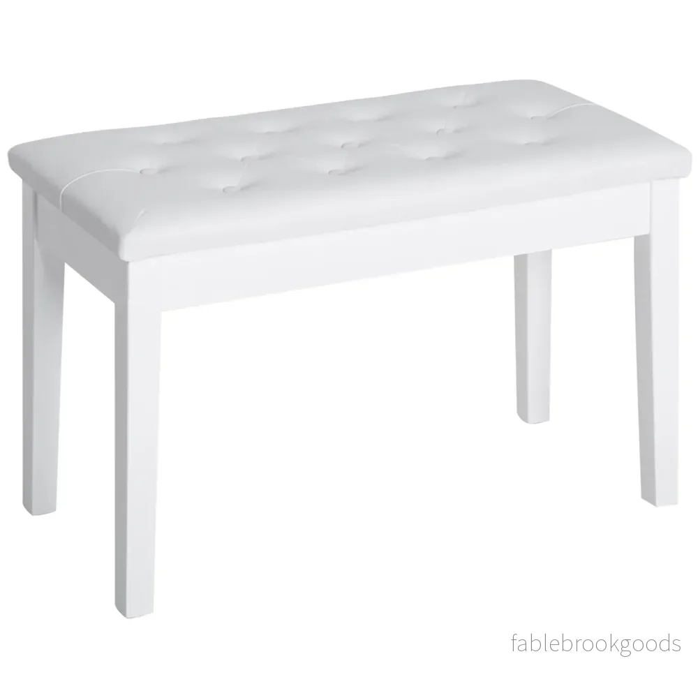 Pianopall i vit konstläder med förvaring, gummiträ