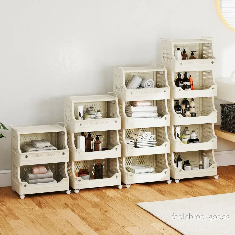 steg – Rullande Tvättkorg med Handtag och Krok Staplbar Plast Förvaringsvagn – 4 – Beige - Bild 3