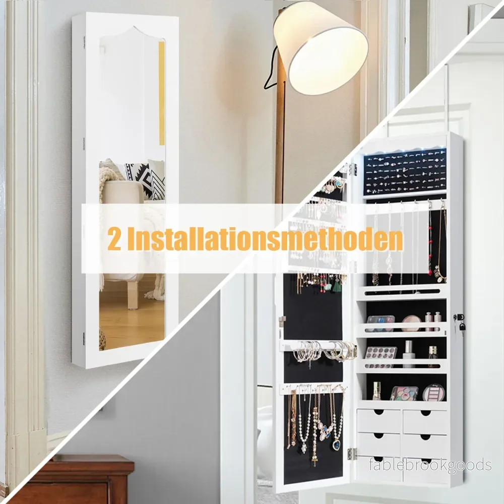 Smyckesskåp – med LED Låsbar vägg/dörr spegel och lådor – 6 – Vit - Bild 2