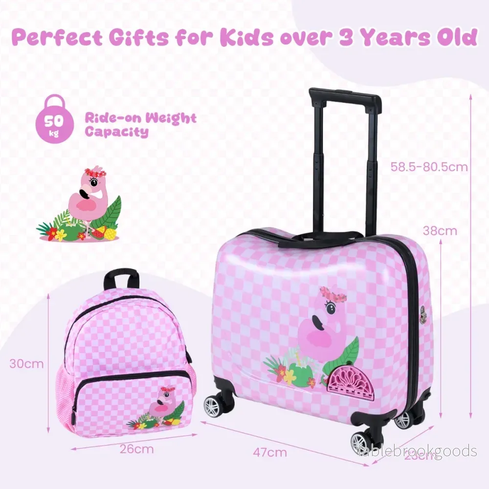 delat – barnreseväska + ryggsäck 12"+18", barnresväska med hjul och vattentåligt hardskal, (flamingo). – 2 – Rosa - Bild 2