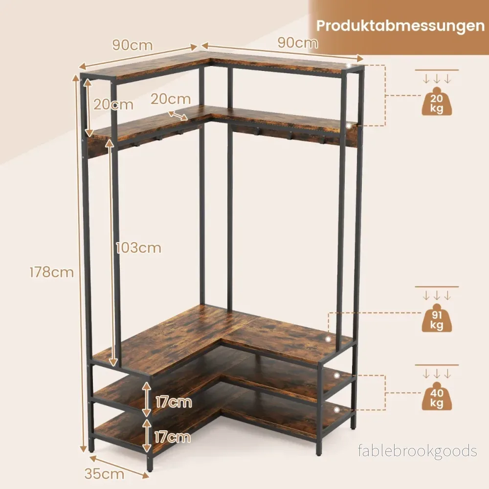 Hörnklädhängare – med bänk L formad öppna hyllor Rustikbrun – 90 x 90 x 178 cm – Rustik brun - Bild 2