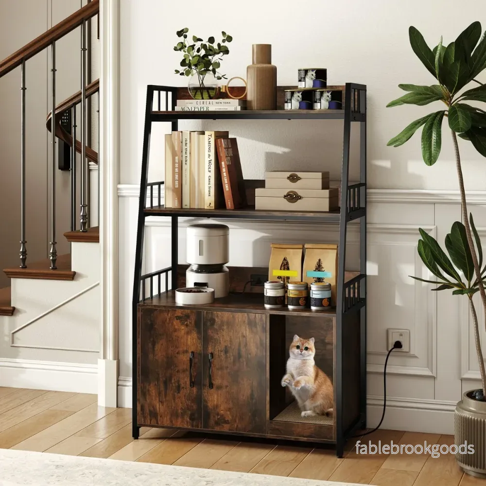 Kattenskrubb – med bokhylla laddstation nivåer klösmatta och ingång – 3 80 x 40 x 132 cm – Brun - Bild 3