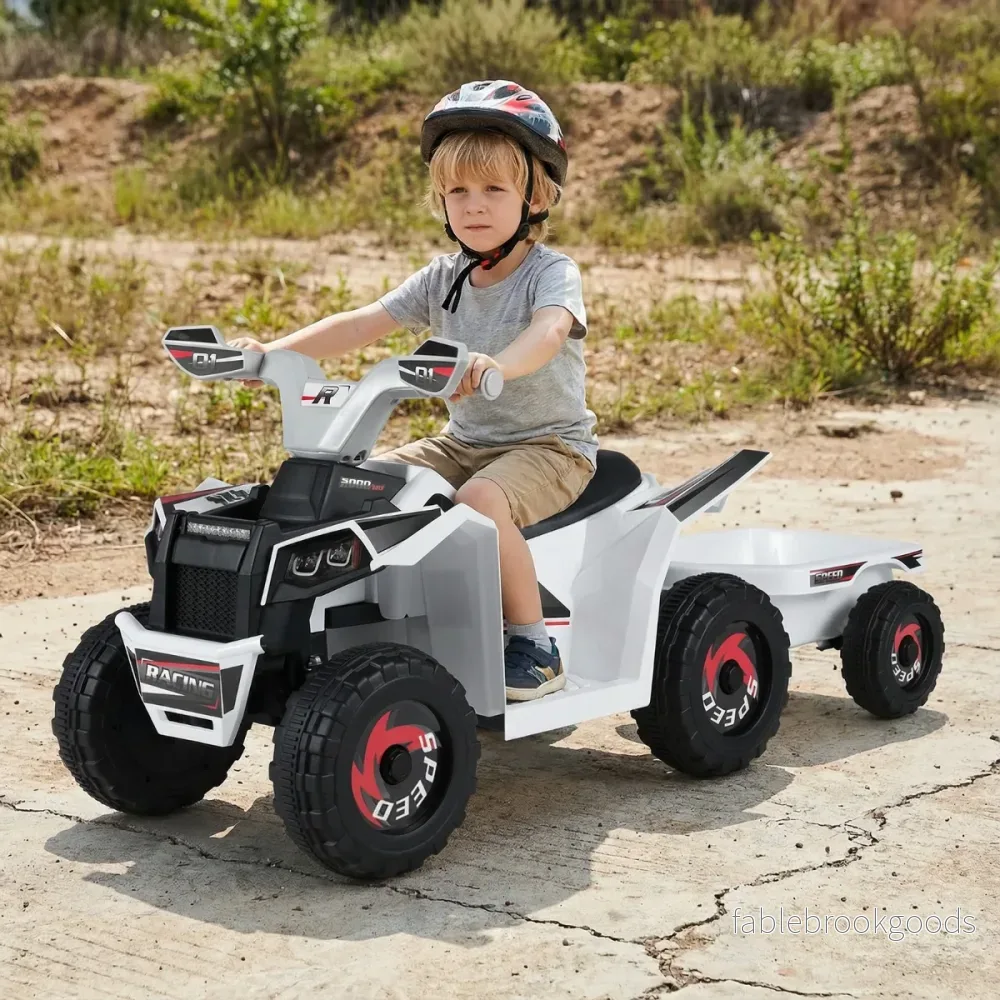 6V – barn elektrisk ATV med släpvagn elfordon slitstarka hjul – Vit - Bild 3
