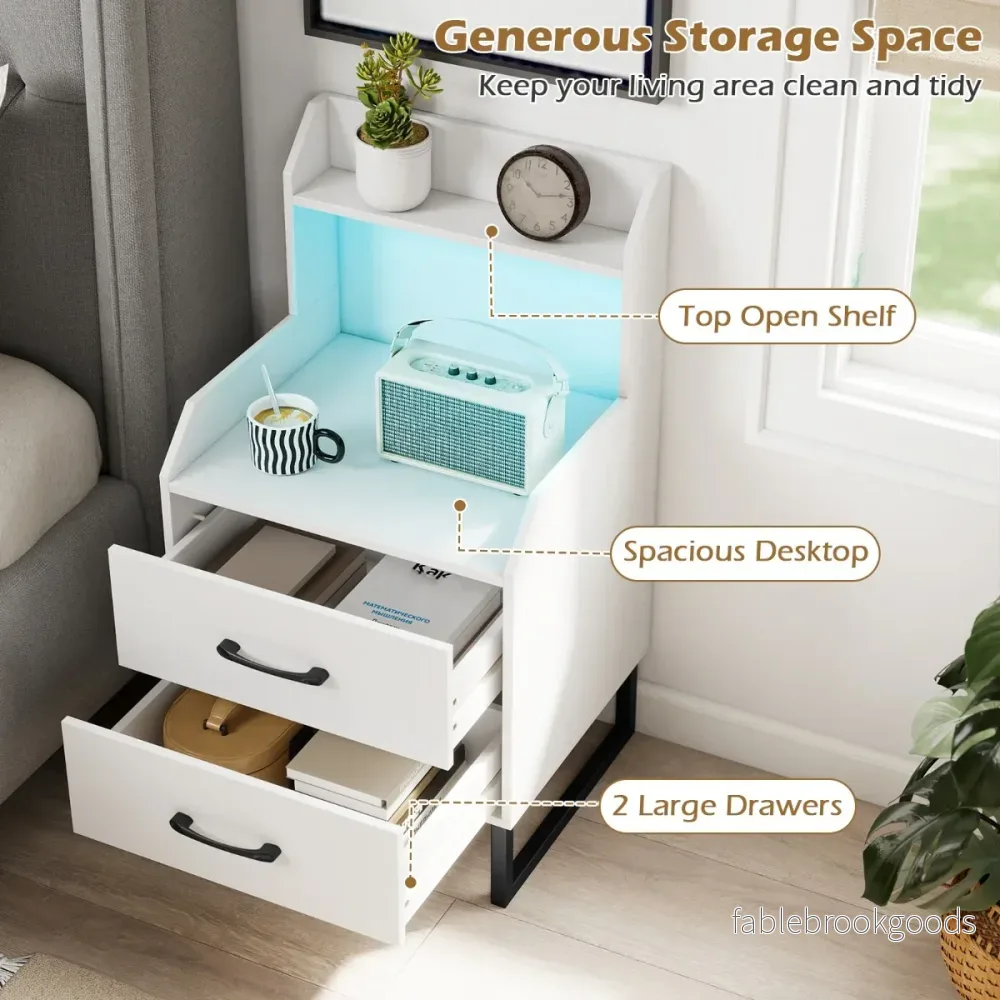Nattduksbord – med integrerad laddningsstation, LED belysning och lådor Modernt sidobord Vitt – 2 – Vit - Bild 3