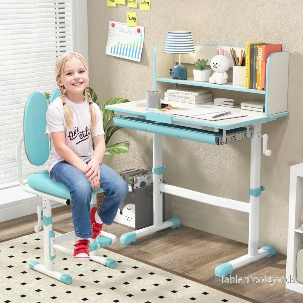 Höjdjusterbart – skrivbord med fällbar bordsskiva och låda hylla barnstudiebord – Blå - Bild 3