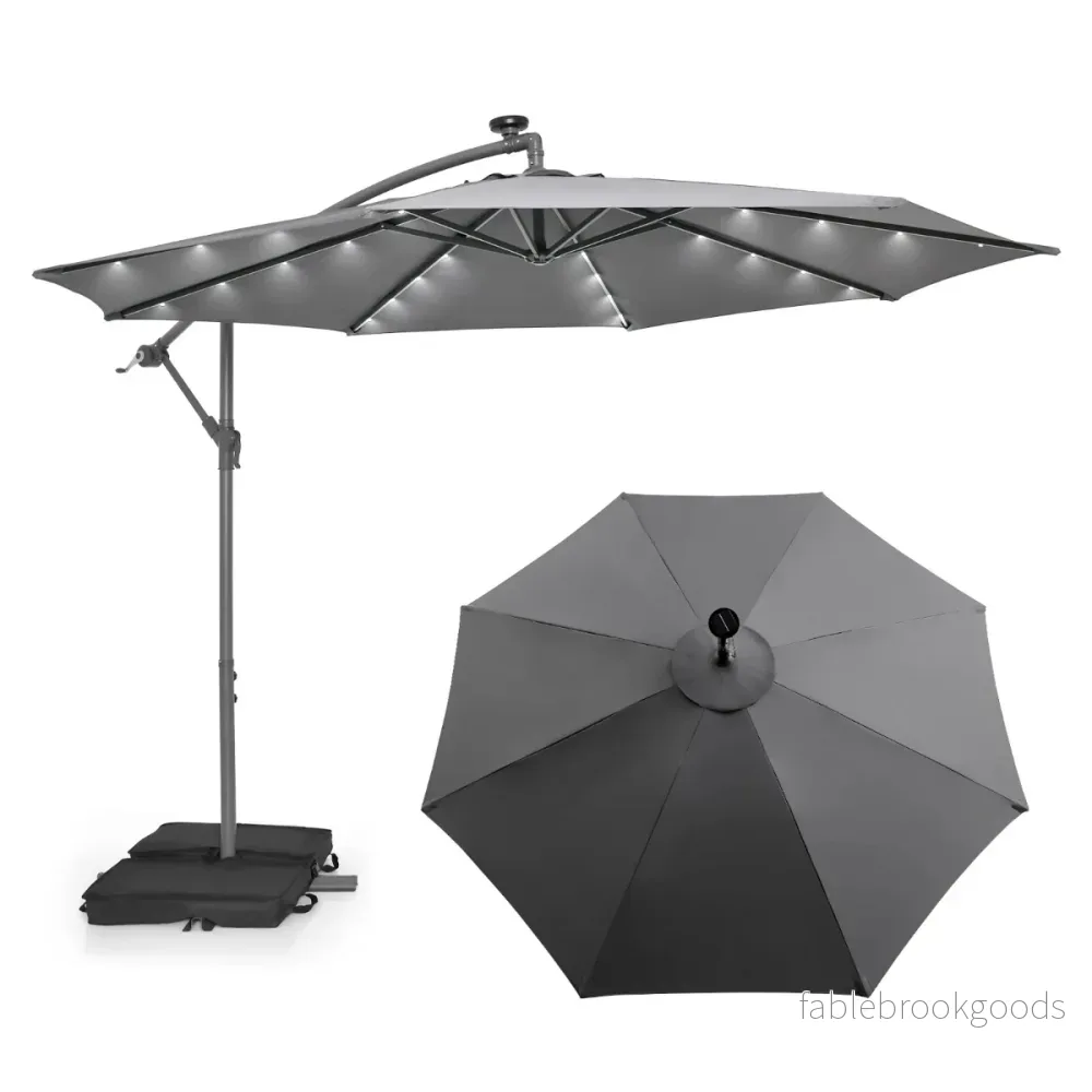 Fribärande – parasoll med solar LED lampor och sandsäckar vev UV skydd – 40 Ø 300 cm – Grå