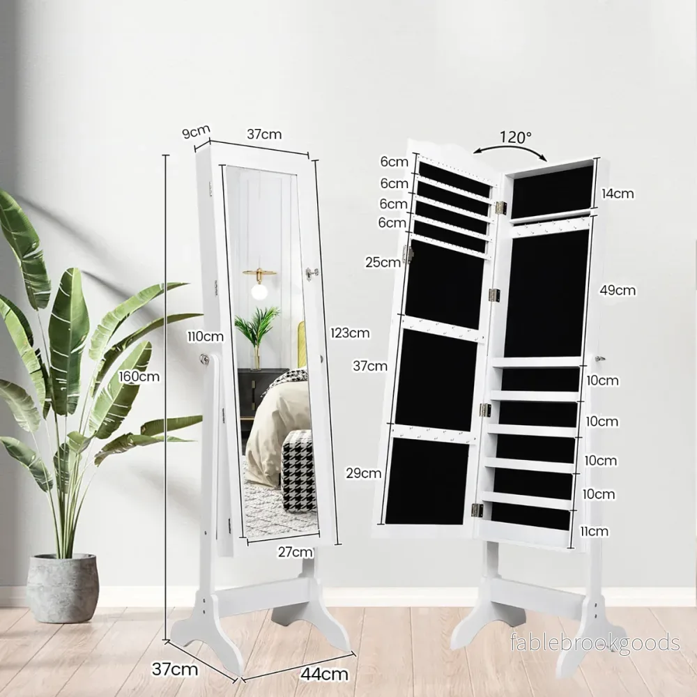 Låsbart – smyckesskåp Stående design med justerbar vinkel fullängdsspegel – 45 x 37 x 160 cm – Vit - Bild 2