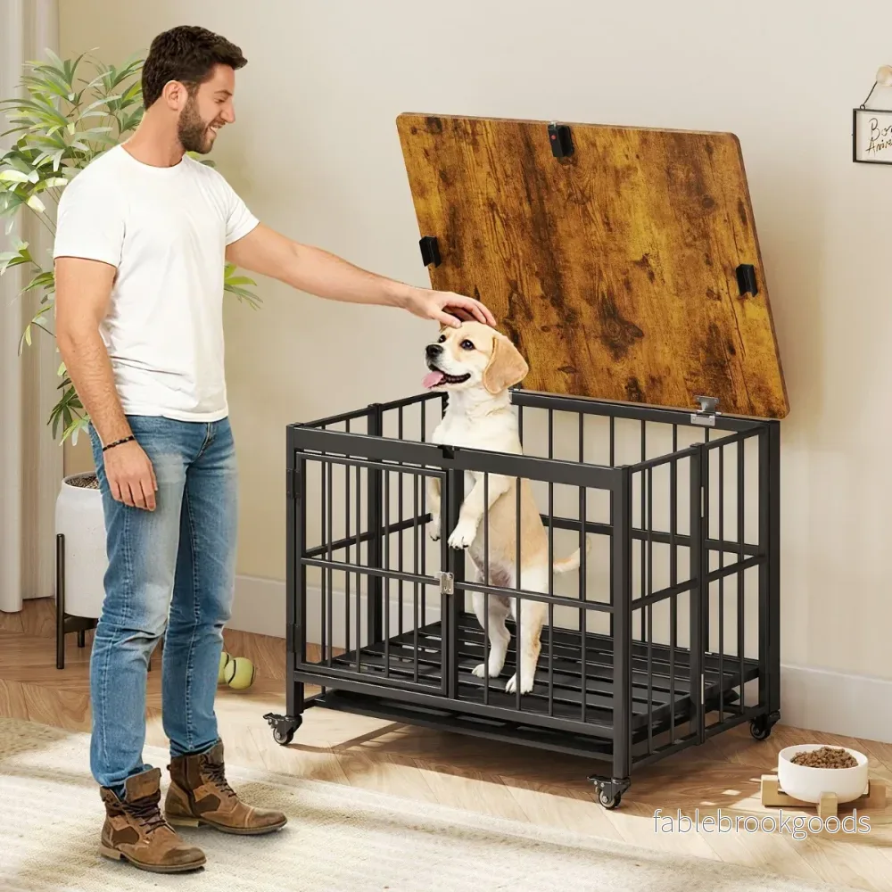Hopfällbar – hundkoja med hjul, utdragbar bricka och låsbar dörr i sidobord Hundbur – 2 1 – Rustik brun - Bild 3