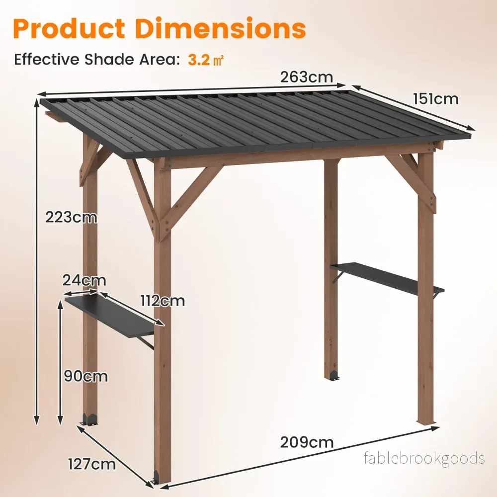 Grillpaviljong – av trä, grilltak med sidohyllor och lutande metalltak – 2 263 x 151 x 223 cm - Bild 2