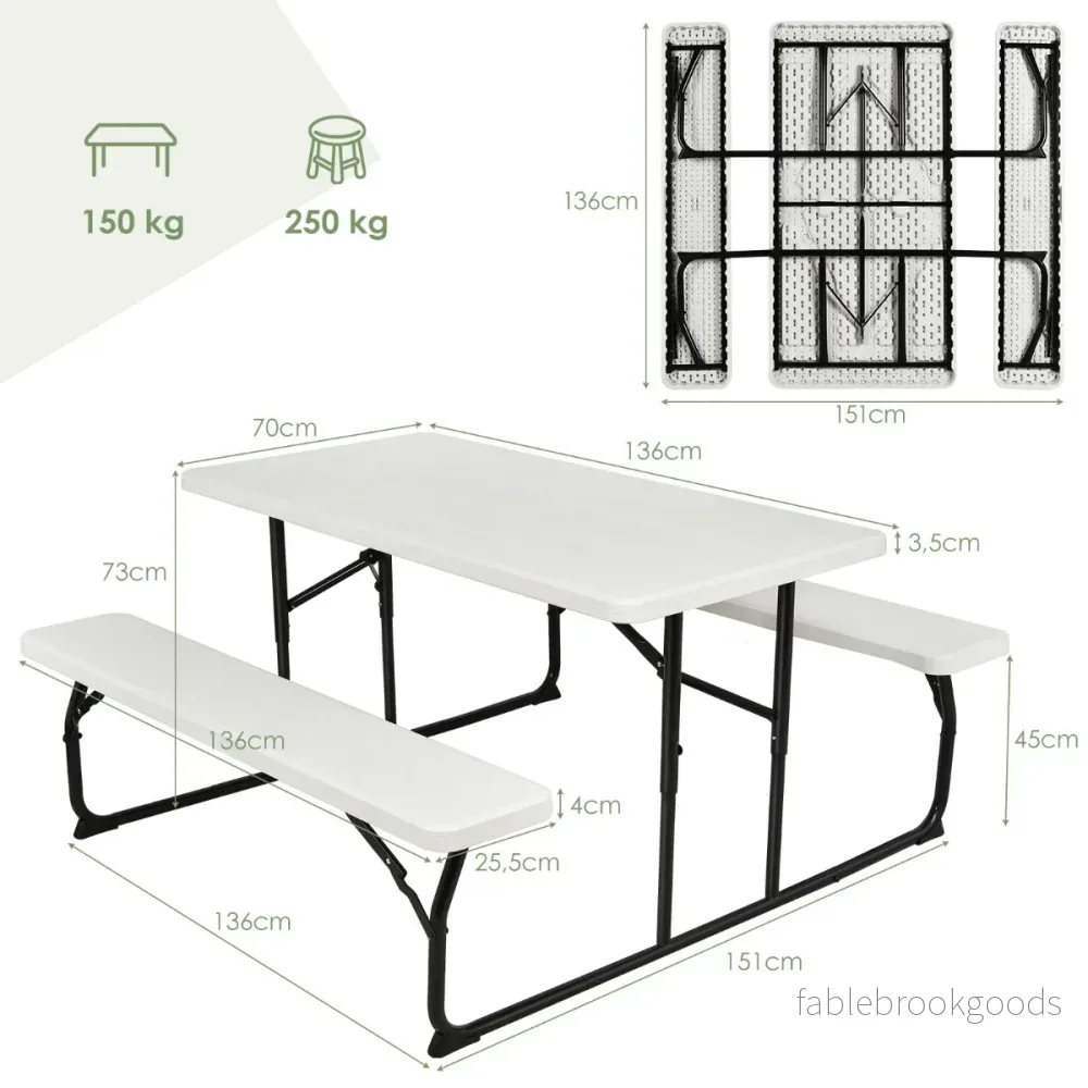Campingbordsset – Fällbart picknickbord med bänkar – Vit - Bild 2
