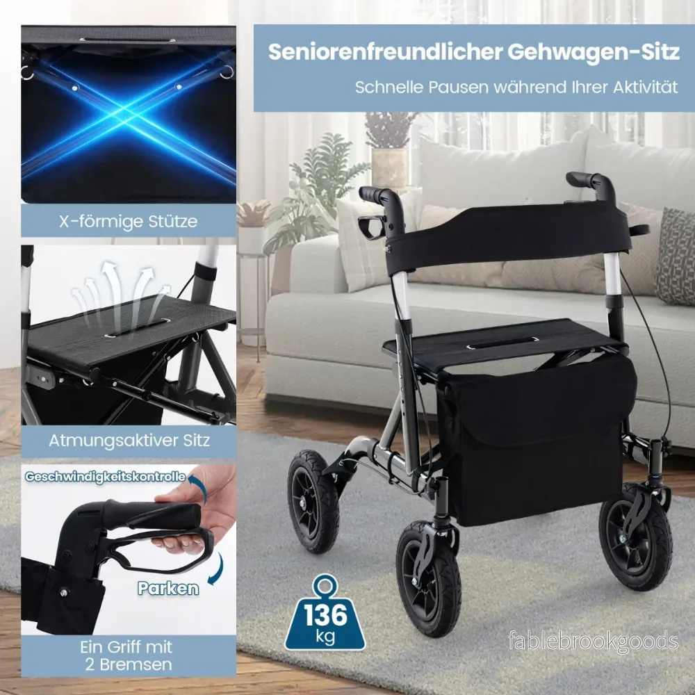 Rollator – hopfällbar och lätt med säte i aluminium upp till i rullstol – 136 kg 2 1 – Svart - Bild 3