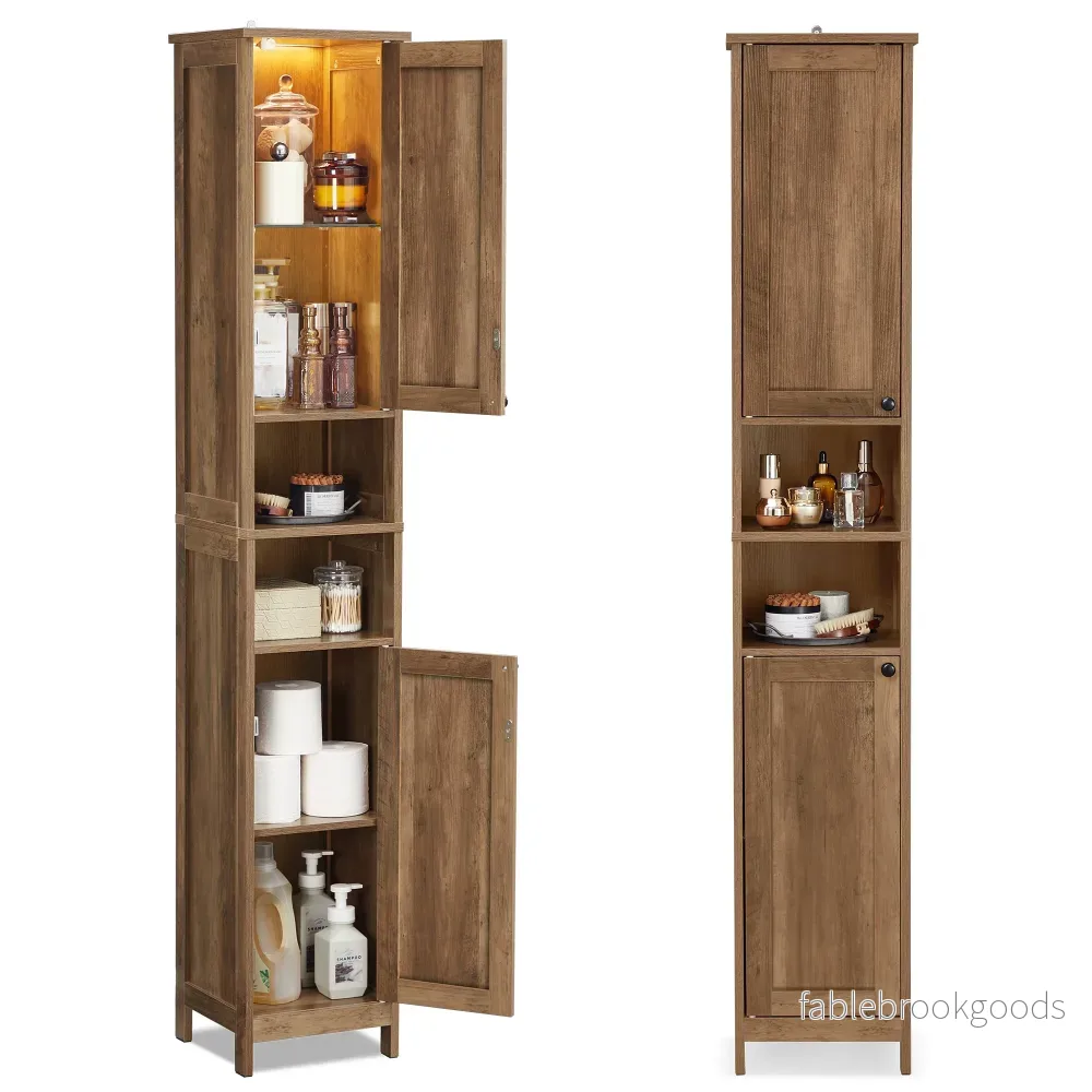 Badkamerkast – 170 cm Hoog – Met Verlichting – Smal – Honingbruin Badkamerkast – 170 cm Hoog – Met Verlichting – Smal – Honingbruin