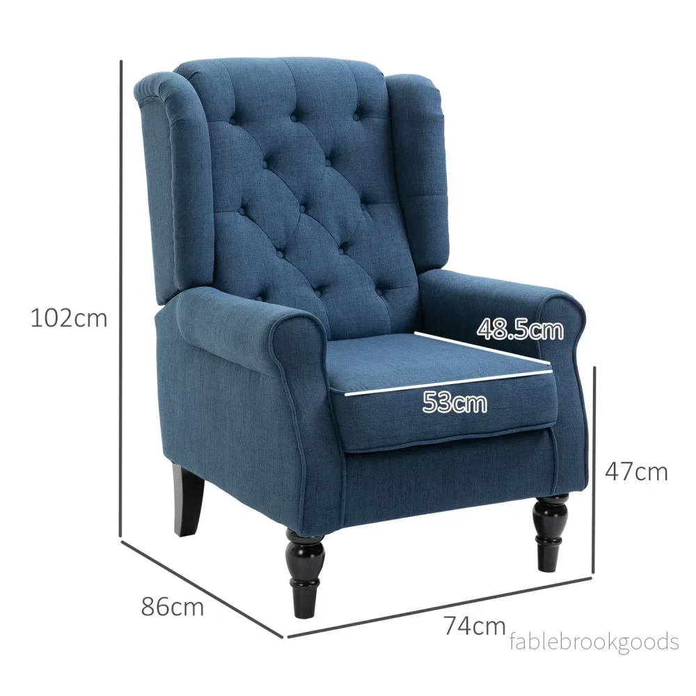 Blå tuftad Wingback-stol med armar, träben – 160 kg kapacitet - Bild 3