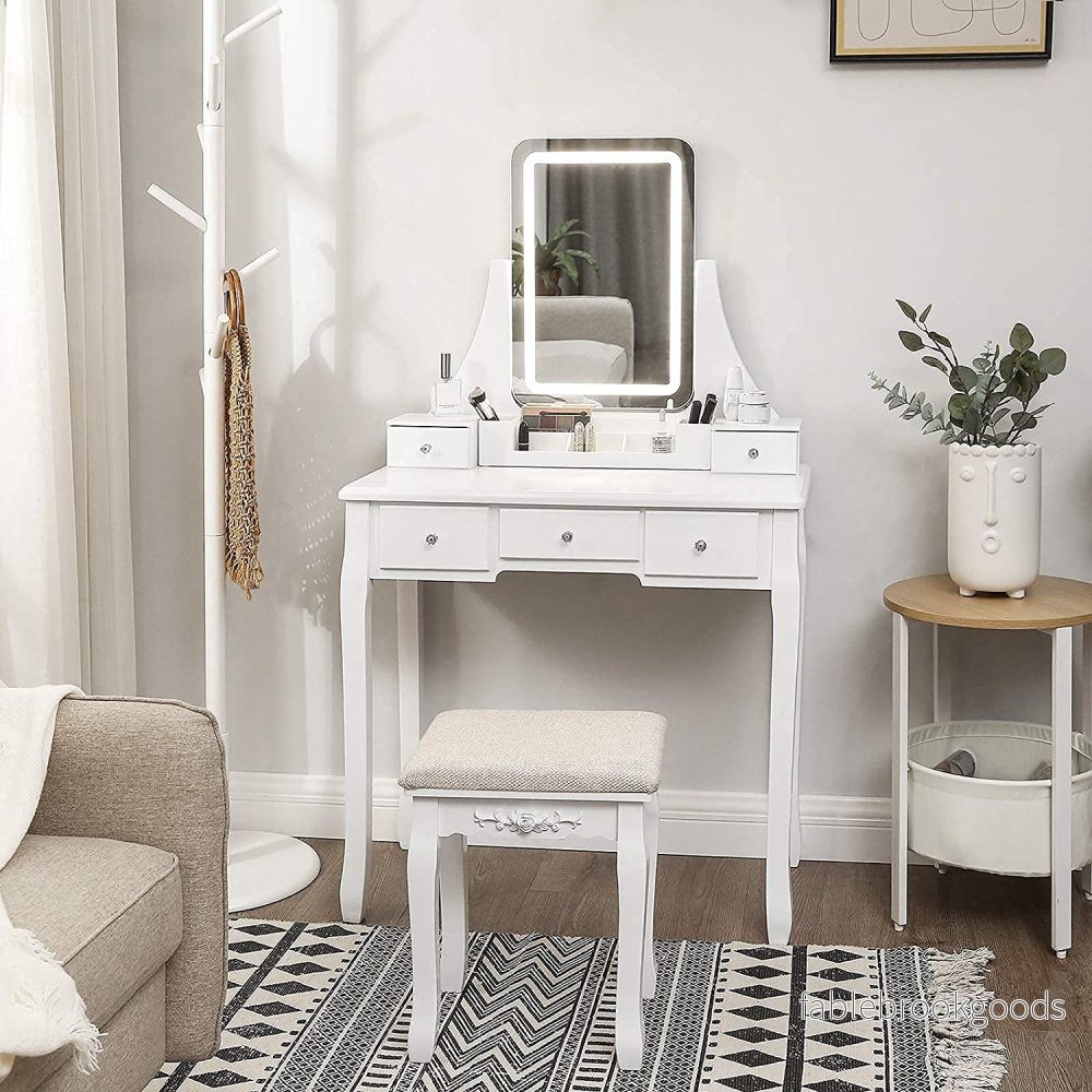 Sminkbord – Med LED-spegel och 5 lådor – Vit - Bild 3