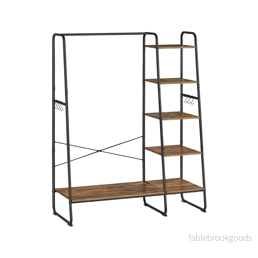 Klädhylla med skohylla och 6 krokar – Industriell design – Vintage brun-svart Klädhylla med skohylla och 6 krokar – Industriell design – Vintage brun-svart